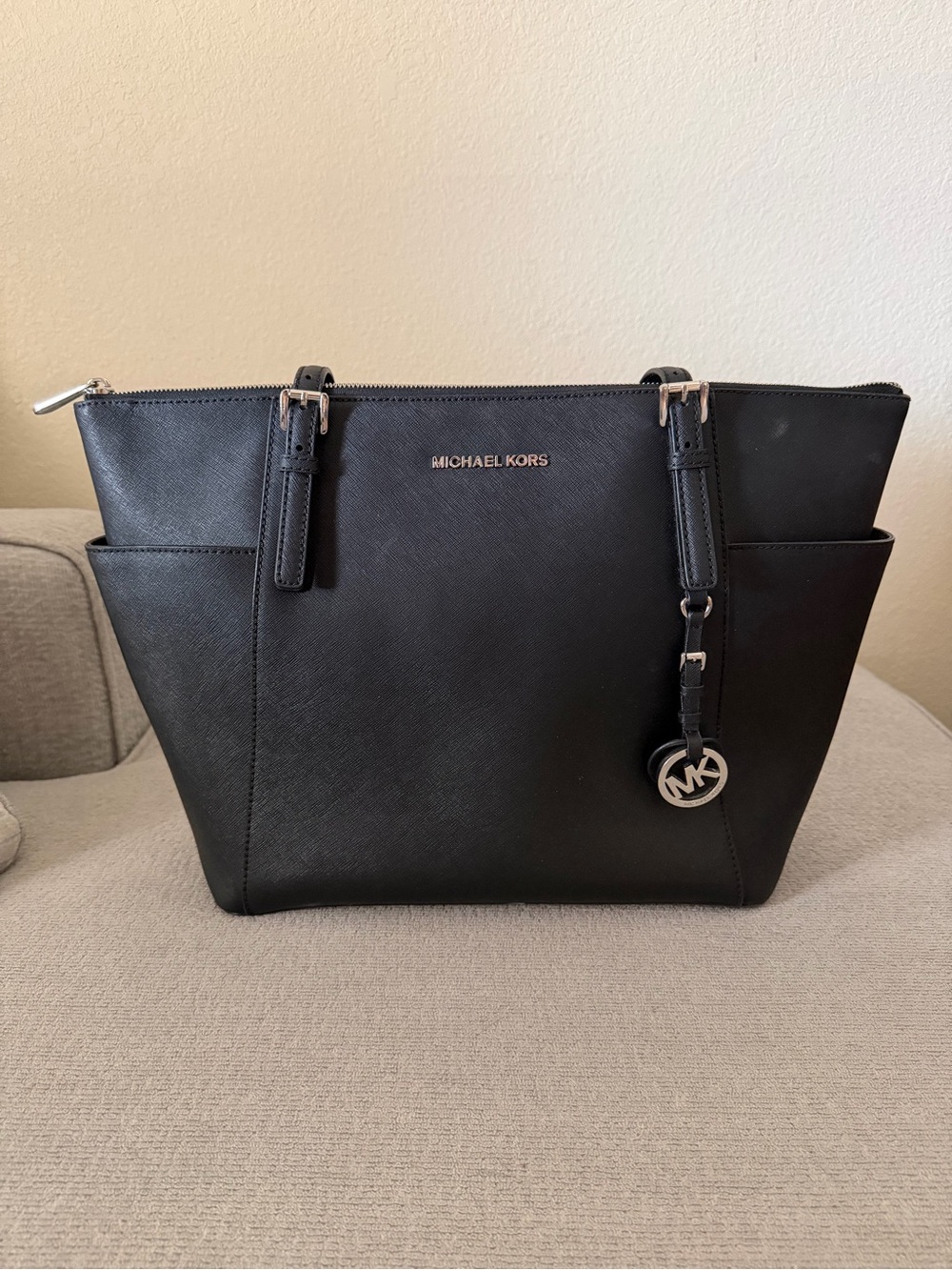 Michael Kors Black Leather Tote with MK Charm